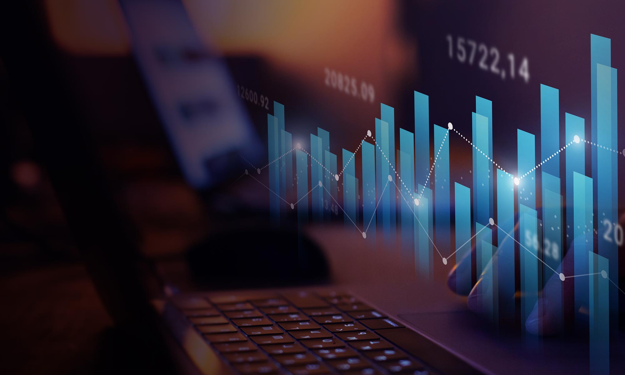 Laptop with representation of bar charts Laptop with representation of bar charts